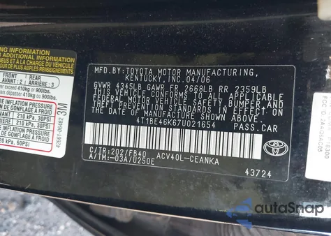 2007 Toyota Camry Le z USA, uszkodzony, nr VIN 4T1BE46K67U021654